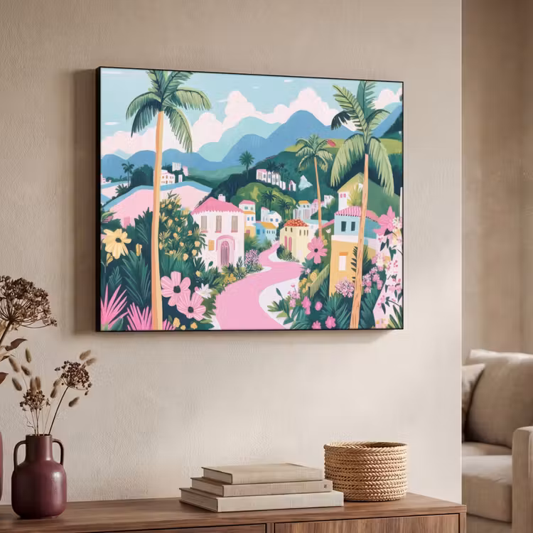 Kleurrijk - Huizen - Heuvels - Roze Textielframe zwart klein -sfeer3
