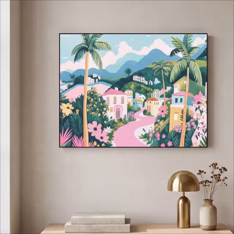 Kleurrijk - Huizen - Heuvels - Roze Textielframe - compleet frame klein -sfeer2