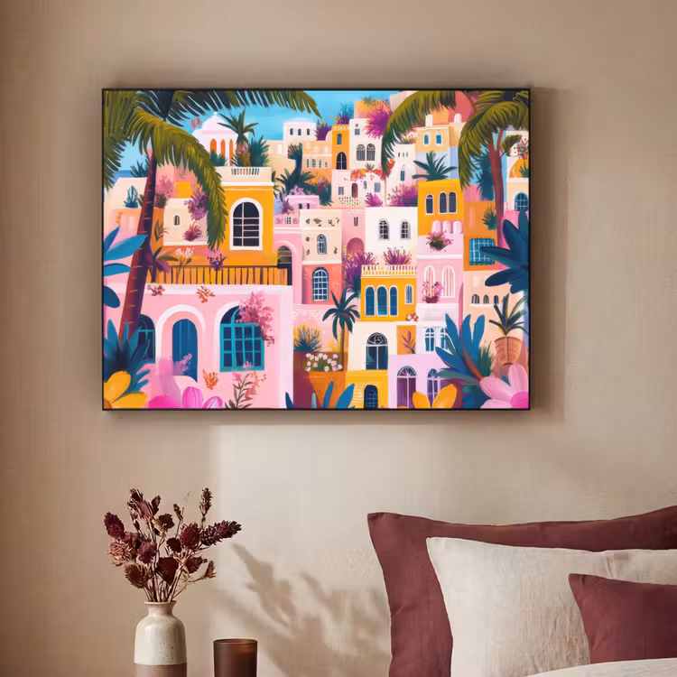 Kleurrijk - Roze - Oranje - Geel - Bloemen Textielframe zwart klein -sfeer1