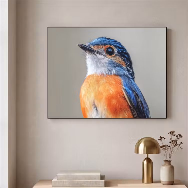Kleurrijk - Vogeltje - Veren - Blauw Textielframe - compleet frame klein -sfeer2
