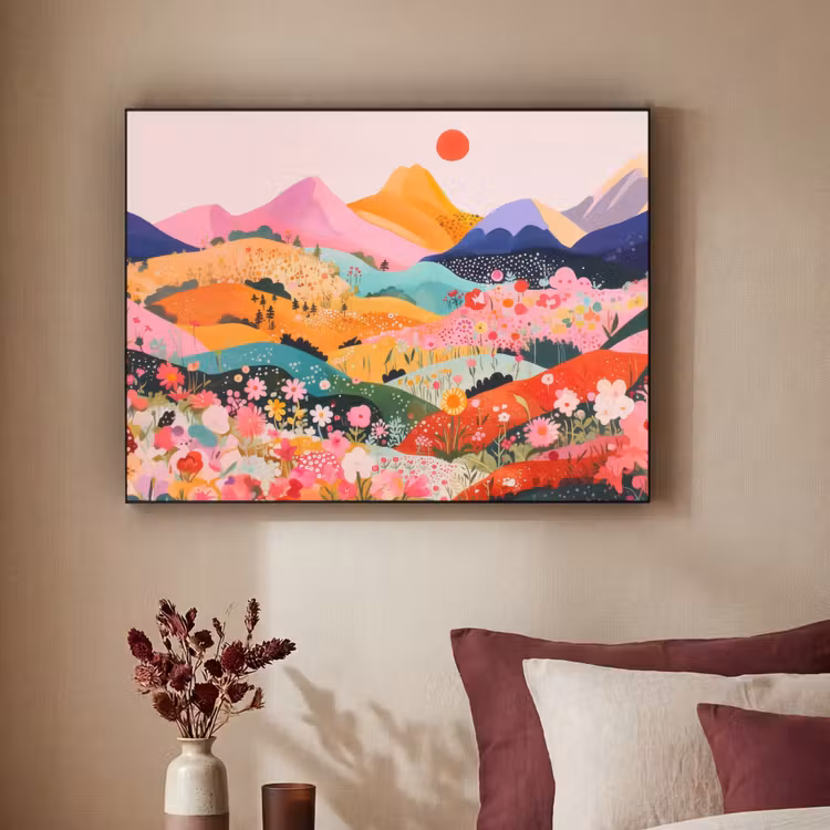 Kleurrijke bloemen - Bergen - Fantasielandschap Textielframe zwart klein -sfeer1