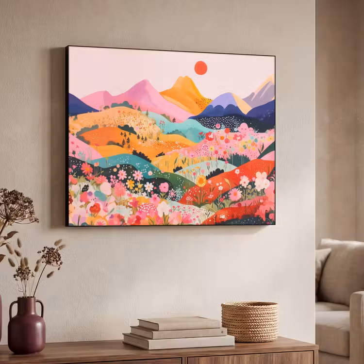 Kleurrijke bloemen - Bergen - Fantasielandschap Textielframe zwart klein -sfeer3