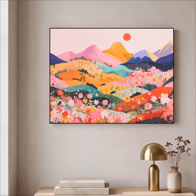 Kleurrijke bloemen - Bergen - Fantasielandschap Textielframe zwart klein -sfeer2