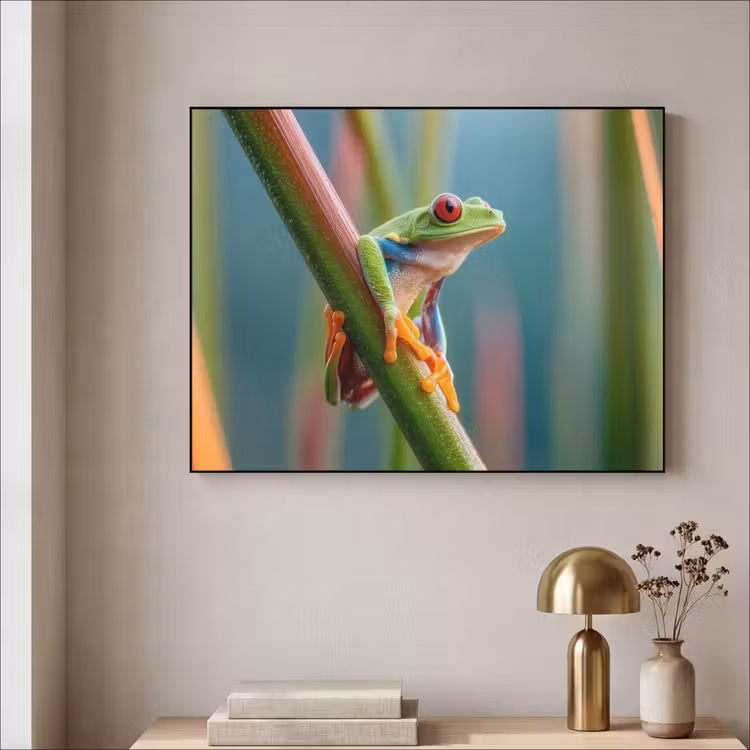 Kleurrijke kikker - Groene stengel - Alert Textielframe - compleet frame klein -sfeer2
