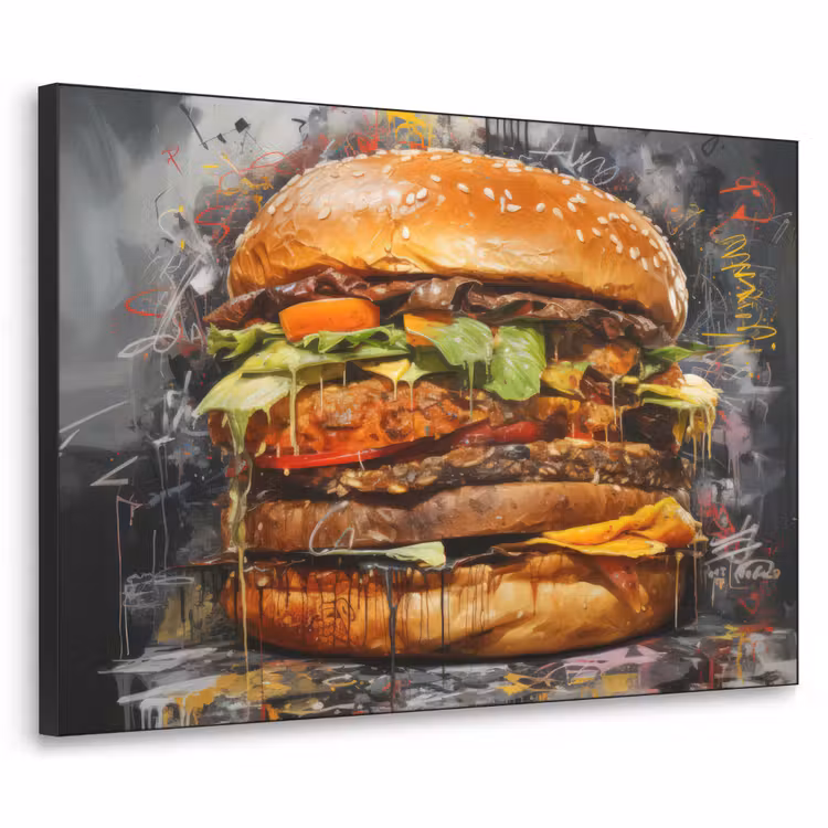 Burger - Eten - Kunst - Grijs - Graffiti Textielframe zwart klein -3d