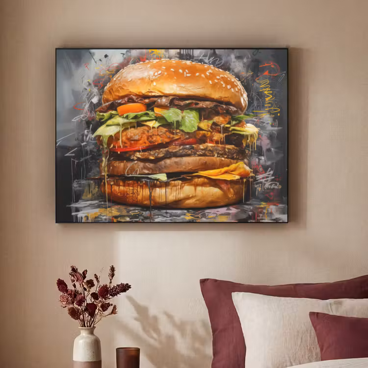 Burger - Eten - Kunst - Grijs - Graffiti Textielframe zwart klein -sfeer1