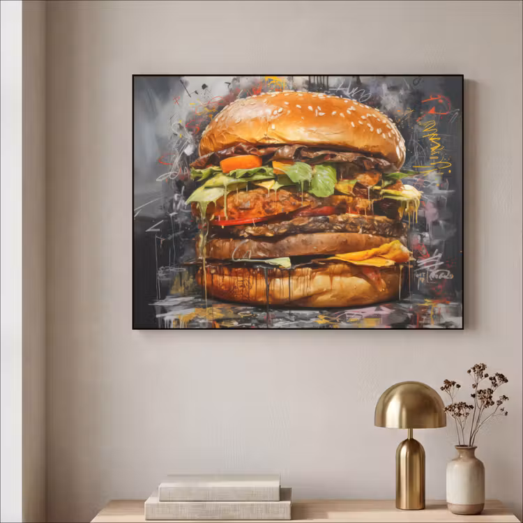 Burger - Eten - Kunst - Grijs - Graffiti Textielframe zwart klein -sfeer2