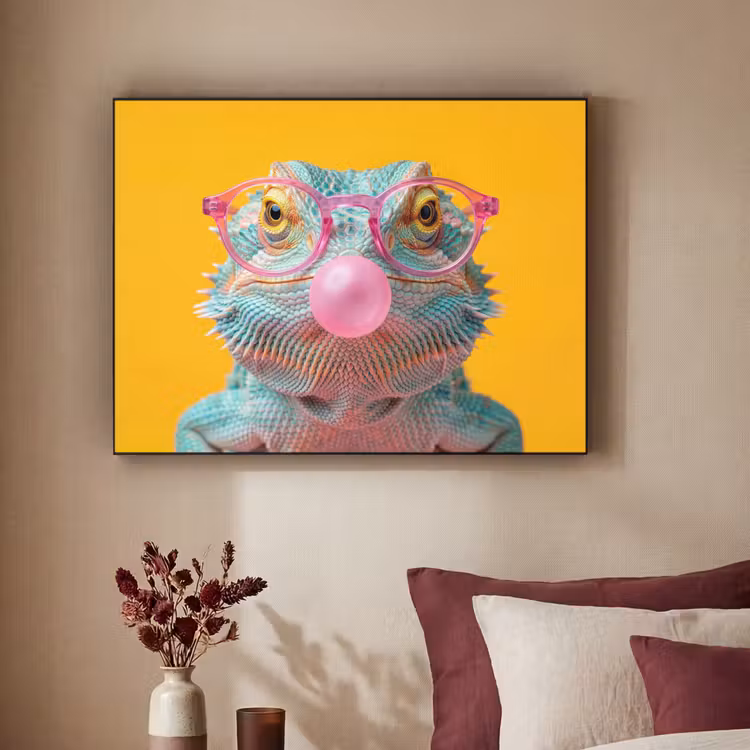 Art Frame - Chamäleon - Kaugummi - Farbenfroh - Kameleon - Kauwgom - Kleurrijk Textielframe zwart klein