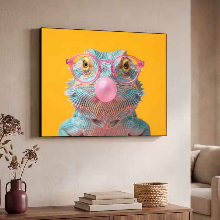 Art Frame - Chamäleon - Kaugummi - Farbenfroh - Kameleon - Kauwgom - Kleurrijk Textielframe zwart klein