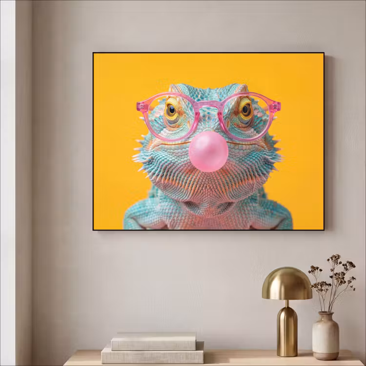 Art Frame - Chamäleon - Kaugummi - Farbenfroh - Kameleon - Kauwgom - Kleurrijk Textielframe zwart klein