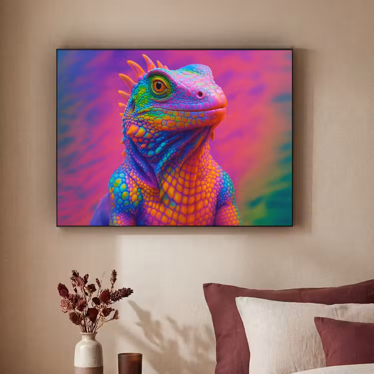 Kameleon - Dieren - Neon - Kleur Textielframe zwart klein -sfeer1