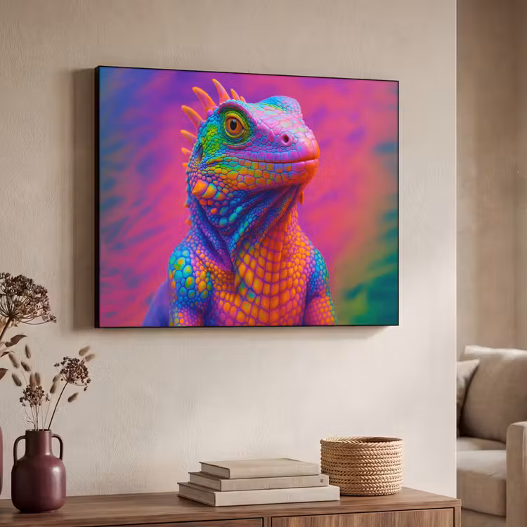 Kameleon - Dieren - Neon - Kleur Textielframe zwart klein -sfeer3