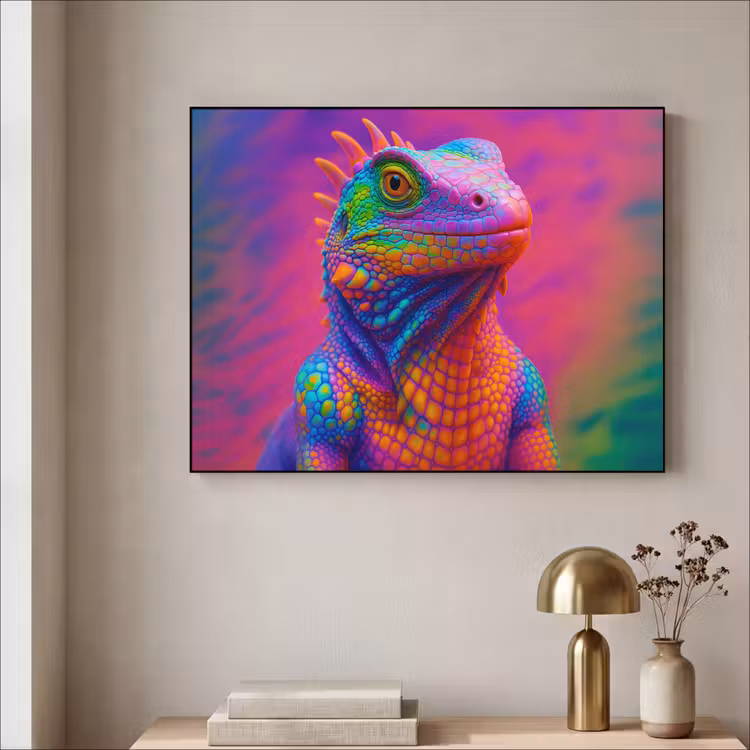 Kameleon - Dieren - Neon - Kleur Textielframe zwart klein -sfeer2