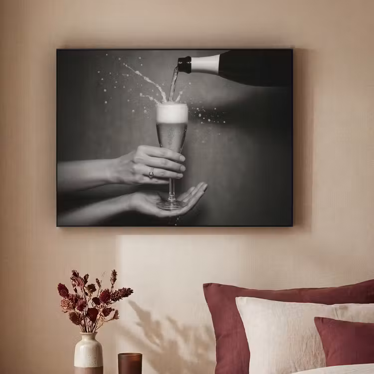 Champagnefles - Glas - Minimalistisch - Spetters Textielframe - compleet frame klein -sfeer1