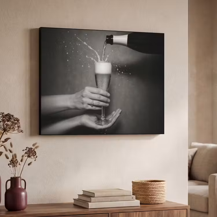 Champagnefles - Glas - Minimalistisch - Spetters Textielframe zwart klein -sfeer3