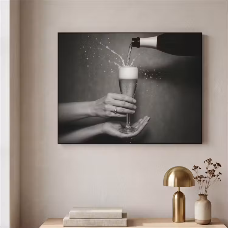 Champagnefles - Glas - Minimalistisch - Spetters Textielframe zwart klein -sfeer2