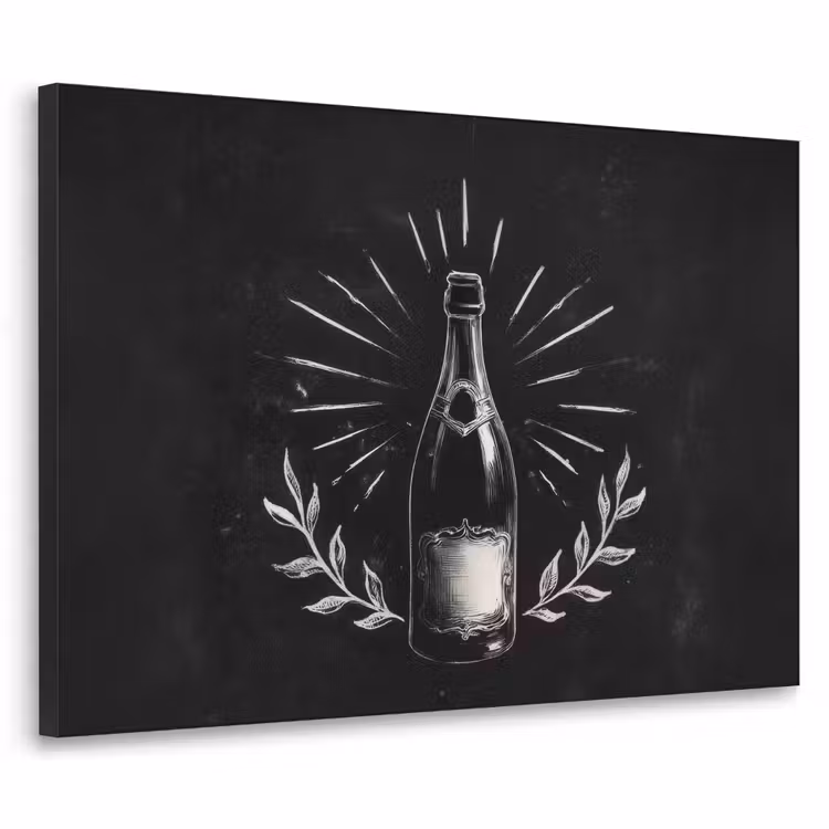 Champagnefles - Lauriertakken - Zwarte achtergrond Textielframe - compleet frame klein -3d