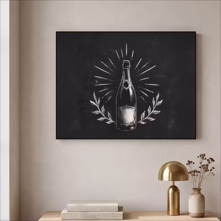 Champagnefles - Lauriertakken - Zwarte achtergrond Textielframe - compleet frame klein -sfeer2