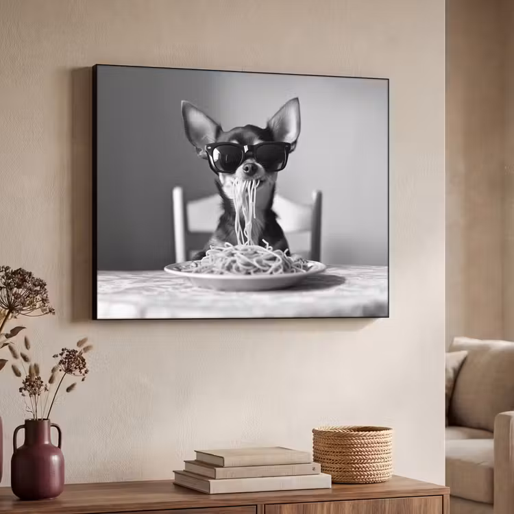 Chihuahua - Hond - Zonnebril - Humoristisch - Zwart - Wit - Spaghetti Textielframe zwart klein -sfeer3