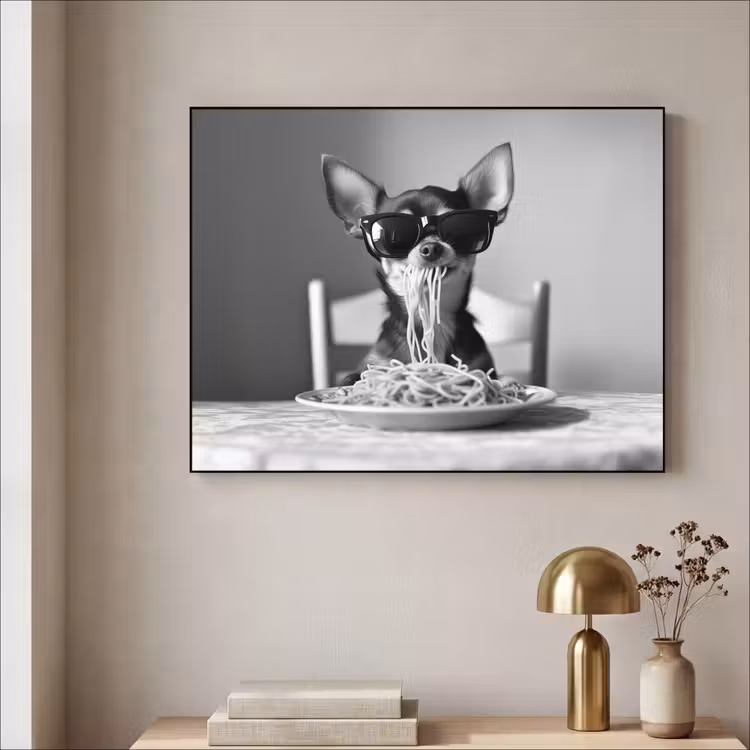 Chihuahua - Hond - Zonnebril - Humoristisch - Zwart - Wit - Spaghetti Textielframe zwart klein -sfeer2
