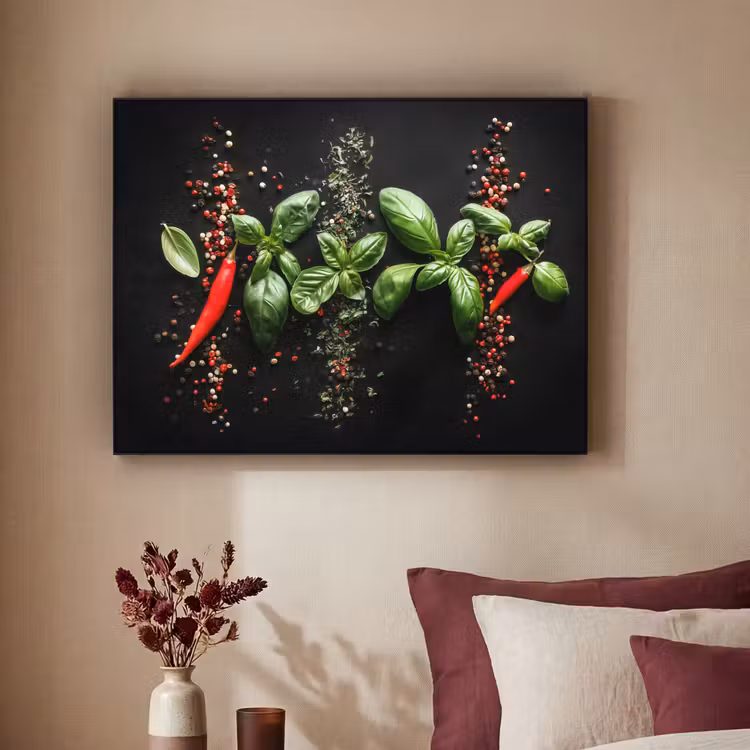 Chilipepers - Basilicum - Blaadjes - Rood Textielframe zwart klein -sfeer1