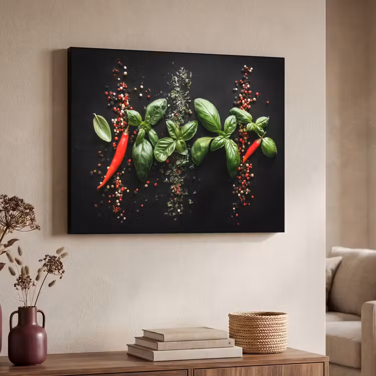 Chilipepers - Basilicum - Blaadjes - Rood Textielframe zwart klein -sfeer3