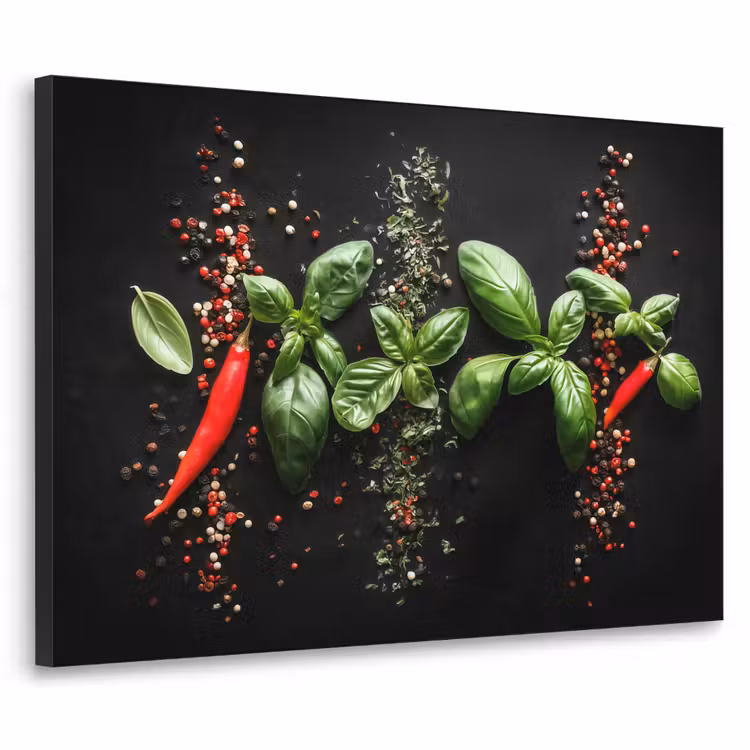 Chilipepers - Basilicum - Blaadjes - Rood Textielframe zwart klein -3d