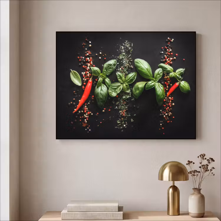 Chilipepers - Basilicum - Blaadjes - Rood Textielframe - compleet frame klein -sfeer2