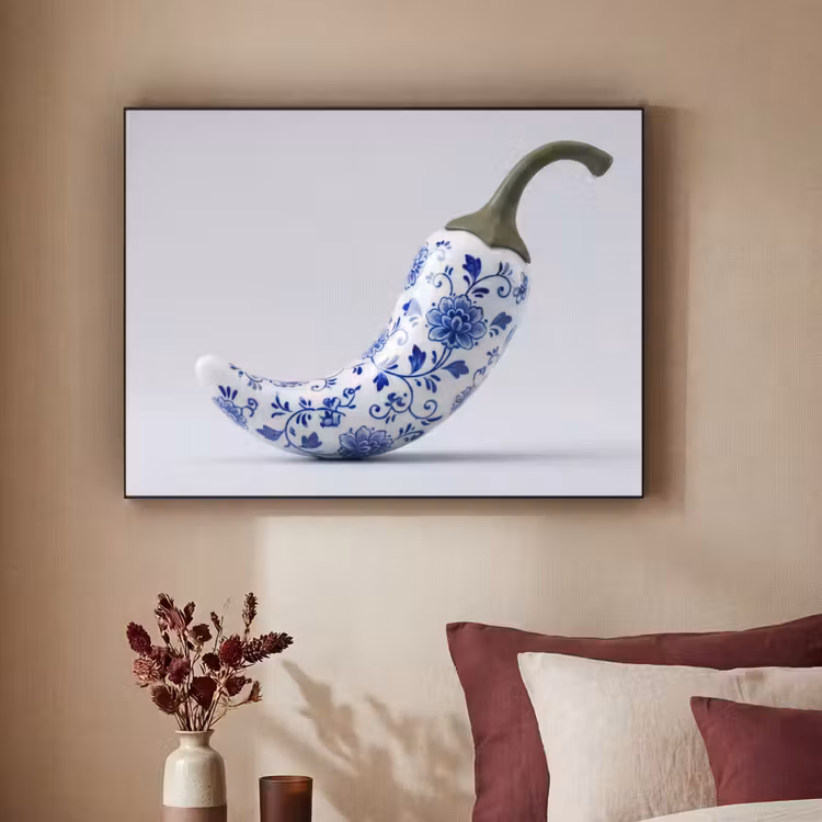 Art Frame - Chilischote - Keramik - Blau - Chilipeper - Keramiek - Blauw Textielframe zwart klein