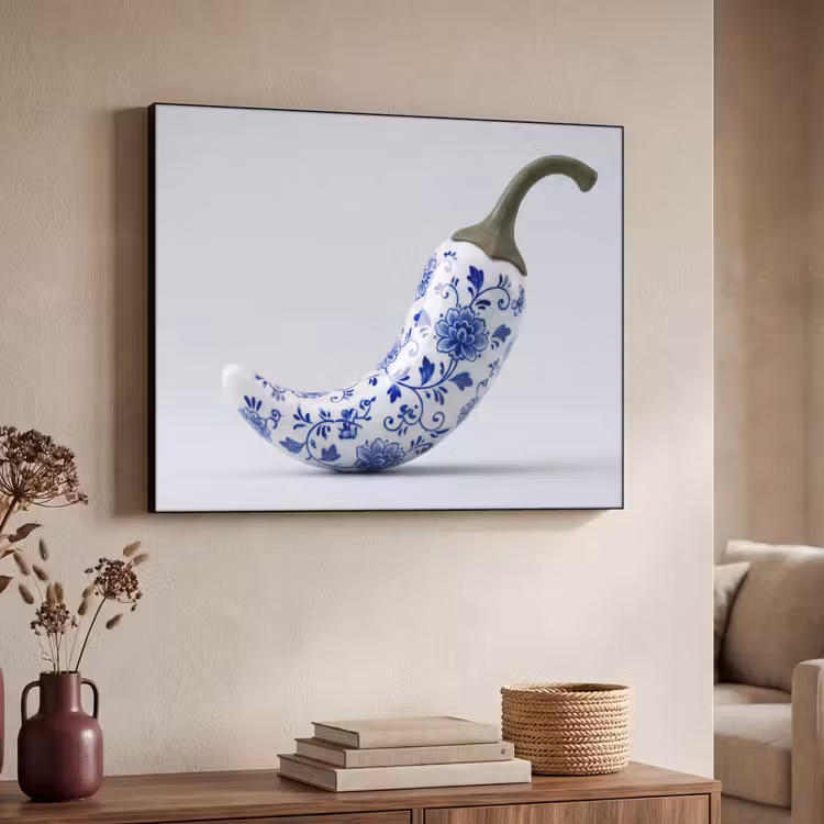 Art Frame - Chilischote - Keramik - Blau - Chilipeper - Keramiek - Blauw Textielframe zwart klein