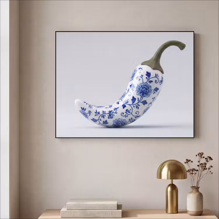 Art Frame - Chilischote - Keramik - Blau - Chilipeper - Keramiek - Blauw Textielframe zwart klein
