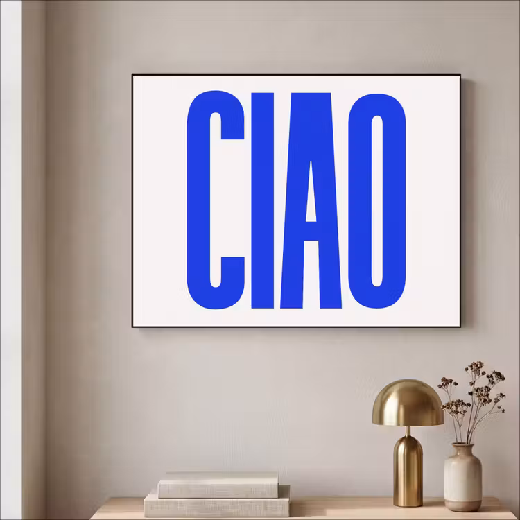 Ciao - Hoofdletters - Blauw - Minimalistisch Textielframe - compleet frame klein -sfeer2