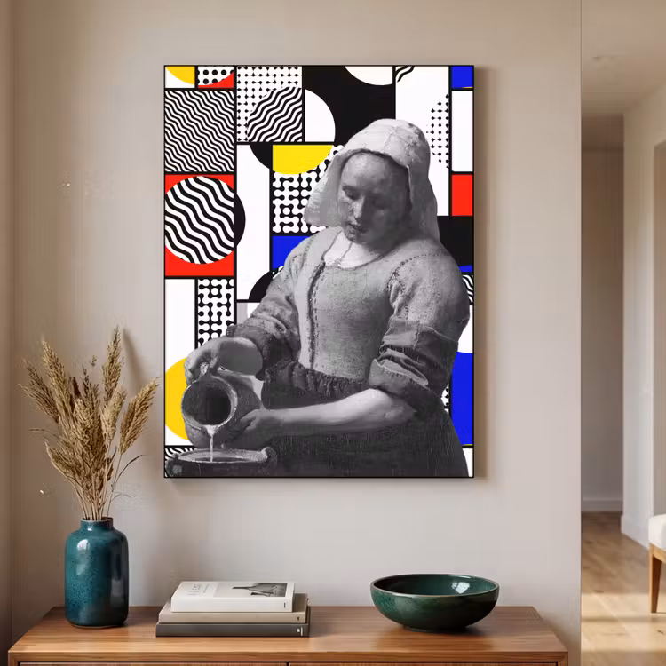 Collage - Mondriaan - Melkmeisje Textielframe zwart klein -sfeer1