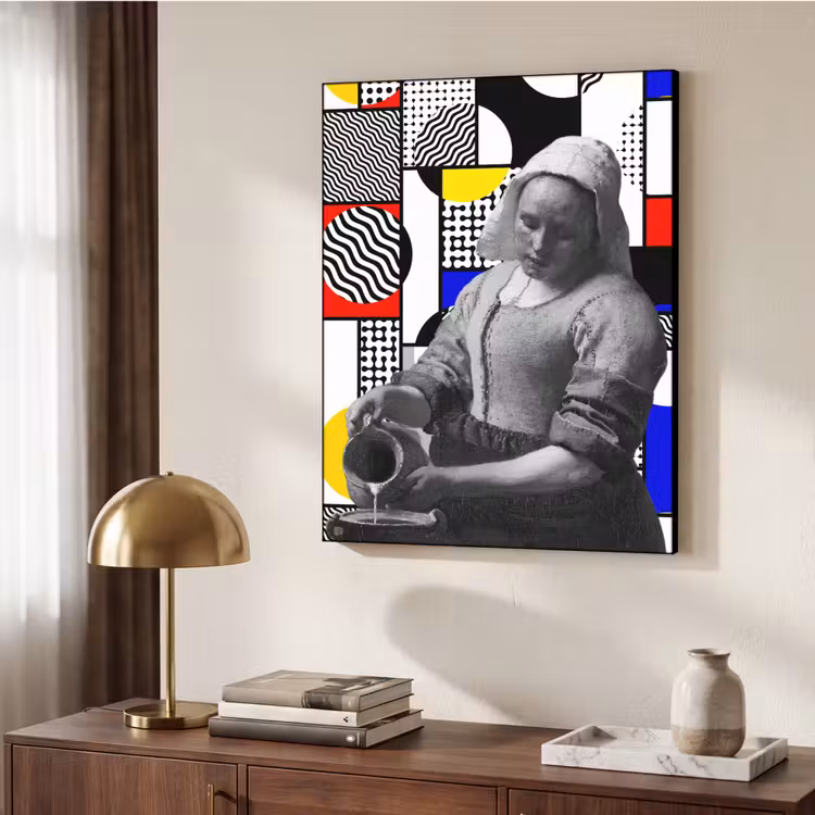 Collage - Mondriaan - Melkmeisje Textielframe zwart klein -sfeer3