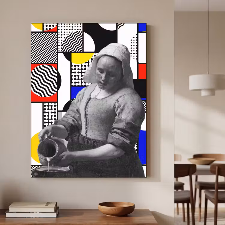 Collage - Mondriaan - Melkmeisje Textielframe zwart klein -sfeer2