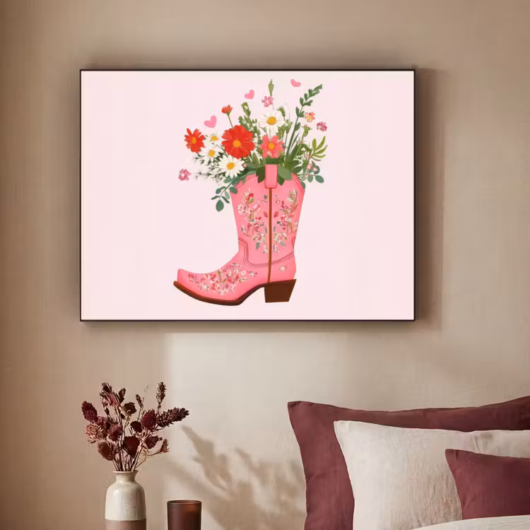 Cowboylaarzen - Roze - Boeket - Bloemen Textielframe - compleet frame klein -sfeer1