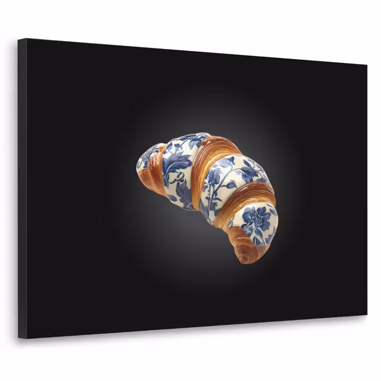 Croissant - Bloemenpatroon - Delftsblauw Textielframe zwart klein -3d