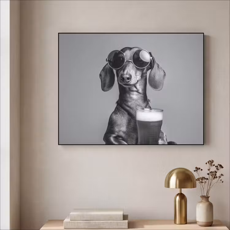 Teckel - Bier - Glas - Bril Textielframe - compleet frame klein -sfeer2