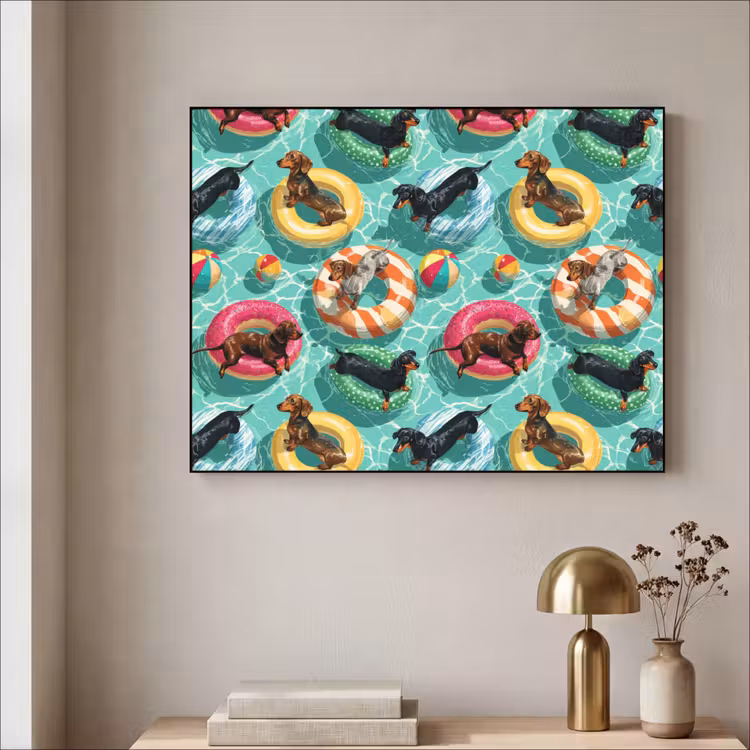 Teckels - Zwembad - Kleurrijk Textielframe zwart klein 947 -sfeer2