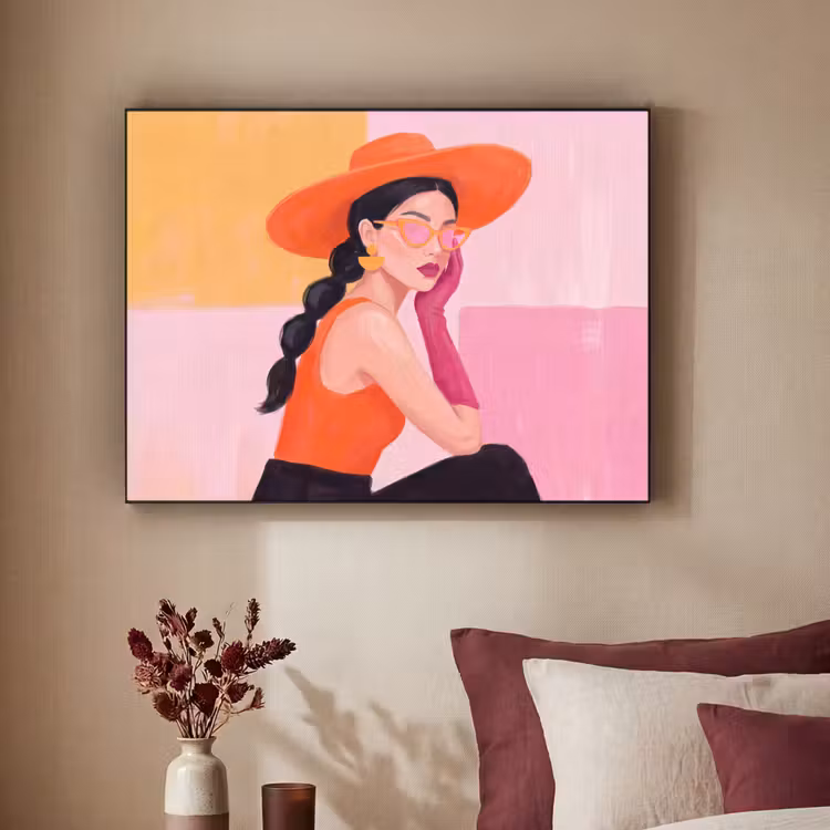 Vrouw - Hoed - Mode - Modern - Oranje Textielframe zwart klein -sfeer1