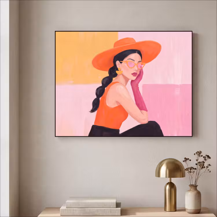 Vrouw - Hoed - Mode - Modern - Oranje Textielframe zwart klein -sfeer2