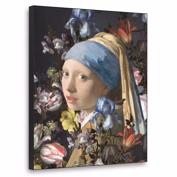 Meisje met de parel - Johannes Vermeer - Bloemen Textielframe zwart klein -3d