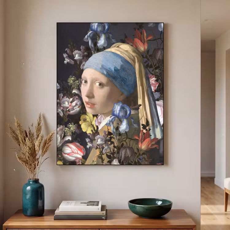 Meisje met de parel - Johannes Vermeer - Bloemen Textielframe zwart klein -sfeer1