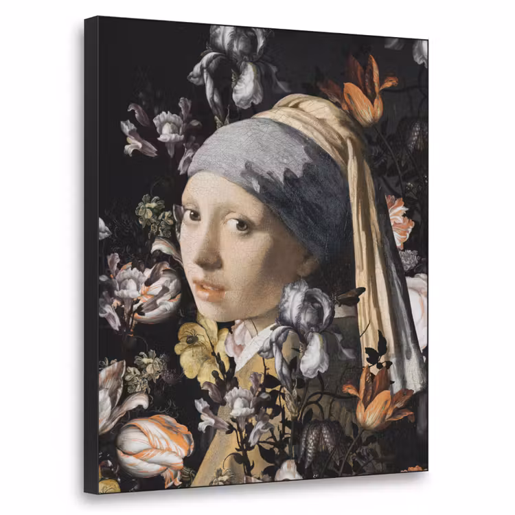 Meisje met de parel - Johannes Vermeer - Bloemen Textielframe zwart klein -3d