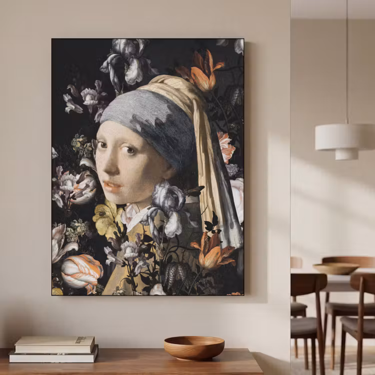 Meisje met de parel - Johannes Vermeer - Bloemen Textielframe zwart klein -sfeer2