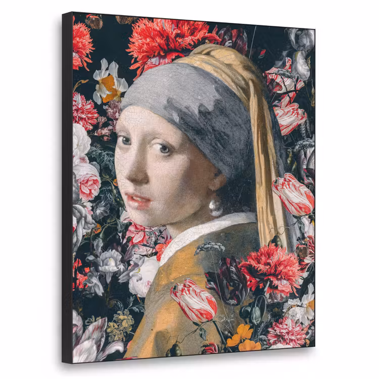 Meisje met de parel - Johannes Vermeer - Bloemen Textielframe zwart klein -3d