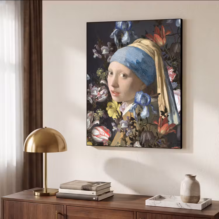 Meisje met de parel - Johannes Vermeer - Bloemen Textielframe zwart klein -sfeer3