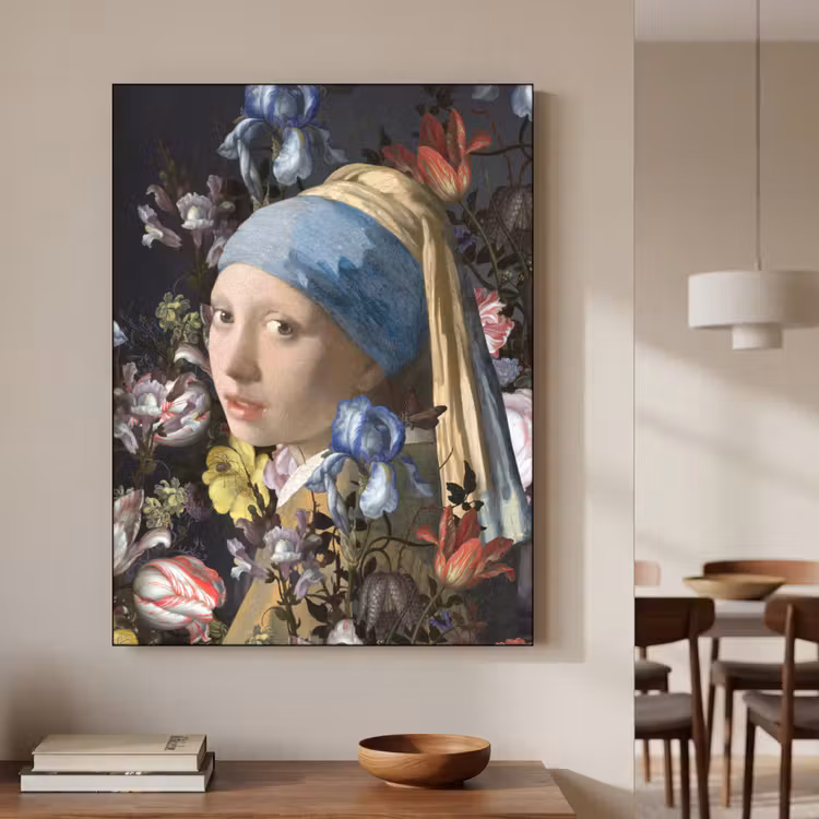 Meisje met de parel - Johannes Vermeer - Bloemen Textielframe zwart klein -sfeer2
