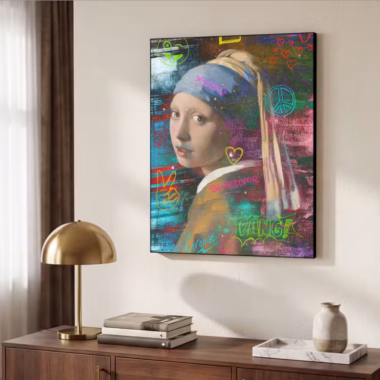Meisje met de parel - Johannes Vermeer - Neon Textielframe zwart klein -sfeer3