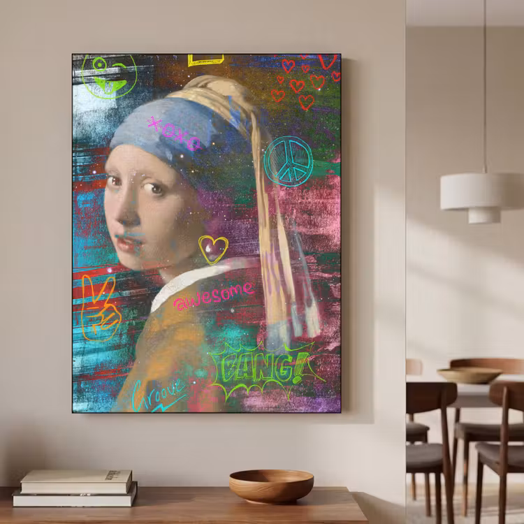 Meisje met de parel - Johannes Vermeer - Neon Textielframe zwart klein -sfeer2